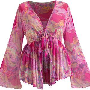 Women's Plus Size Mesh Bell Sleeve Top 70s Tie Front Paisley Boho Peplum Babydol